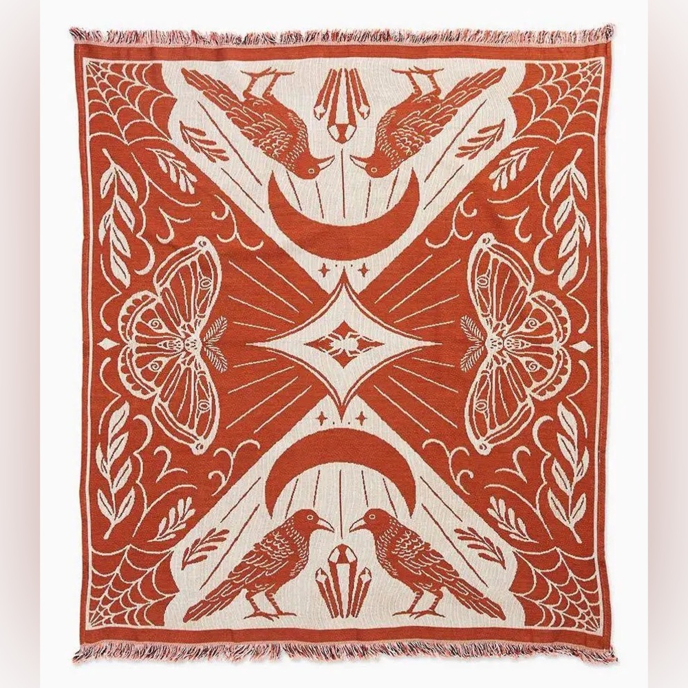 PAPER SOURCE Mystical Spooky Girl Witchcraft Icons Throw Blanket Orange Beige OS